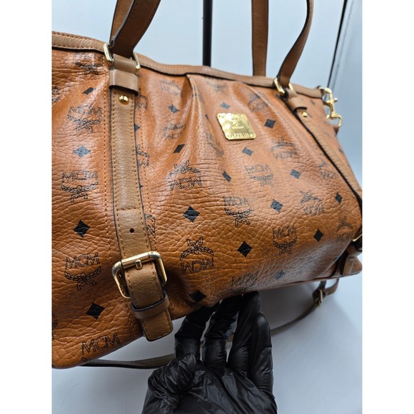 MCM Vintage Cognac Coated‎ Canvas Leather Trimmed Shoulder Bag Tote Purse - Picture 10 of 12